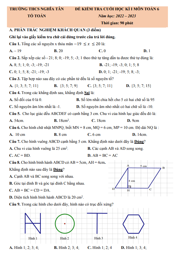 de hoc ki 1 hk1 lop 6 mon toan nam 2022 2023 truong thcs nghia tan ha noi d
