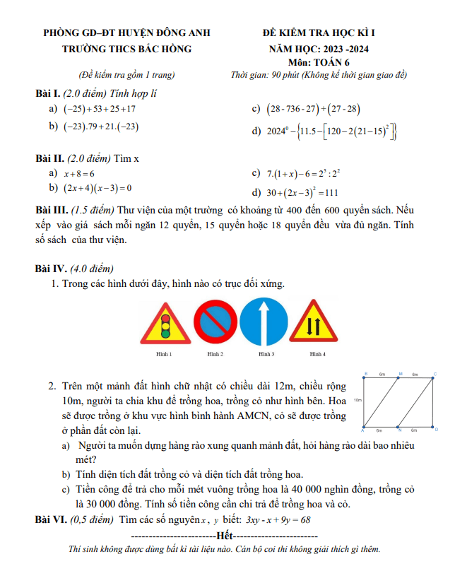 de hoc ki 1 hk1 lop 6 mon toan nam 2023 2024 truong thcs bac hong ha noi d