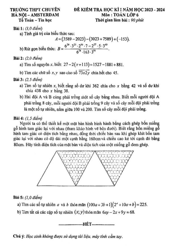 de hoc ki 1 hk1 lop 6 mon toan nam 2023 2024 truong thpt chuyen ha noi amsterdam d