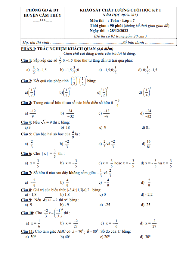 de hoc ki 1 hk1 lop 7 mon toan nam 2022 2023 phong gd dt cam thuy thanh hoa d
