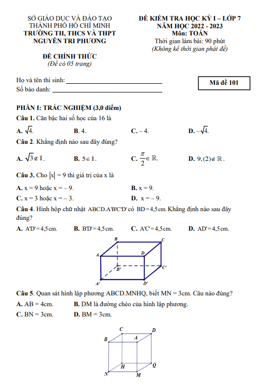 de hoc ki 1 hk1 lop 7 mon toan nam 2022 2023 truong nguyen tri phuong tp hcm d