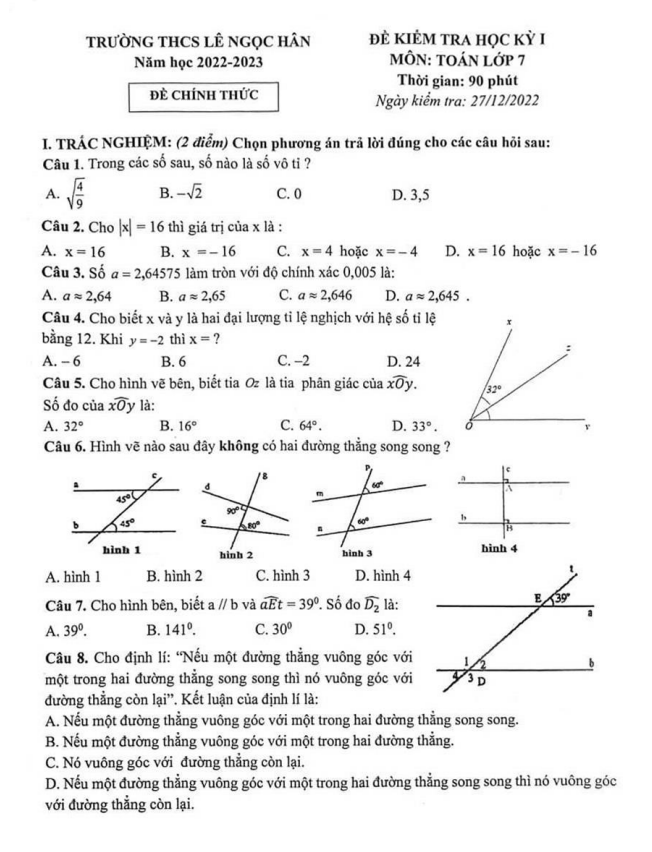 de hoc ki 1 hk1 lop 7 mon toan nam 2022 2023 truong thcs le ngoc han ha noi d