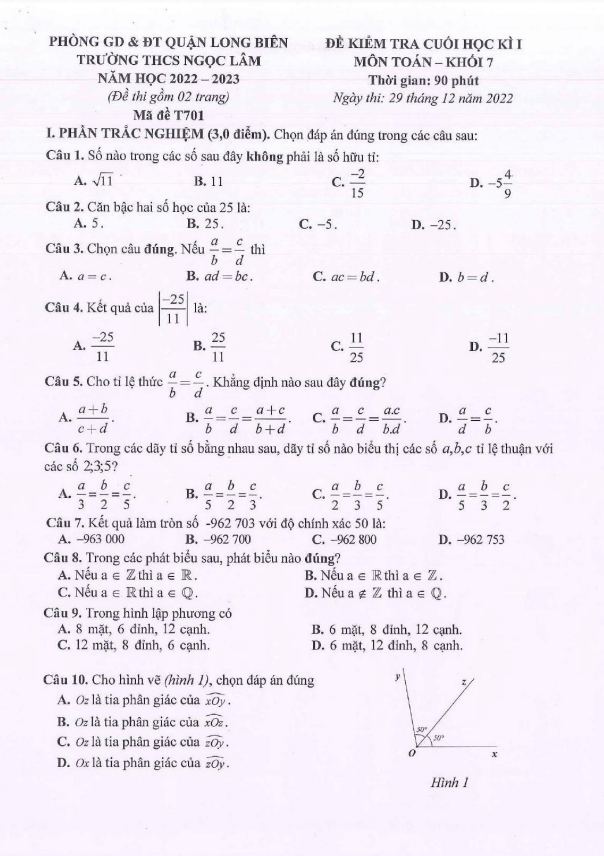 de hoc ki 1 hk1 lop 7 mon toan nam 2022 2023 truong thcs ngoc lam ha noi d