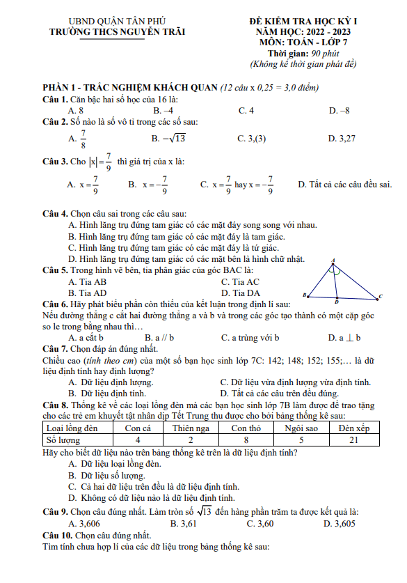 de hoc ki 1 hk1 lop 7 mon toan nam 2022 2023 truong thcs nguyen trai tp hcm d