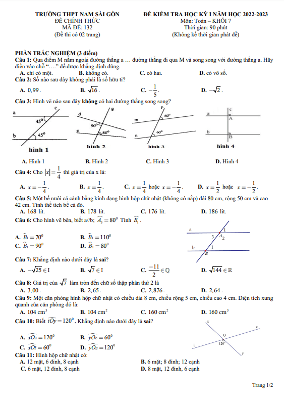 de hoc ki 1 hk1 lop 7 mon toan nam 2022 2023 truong thpt nam sai gon tp hcm d