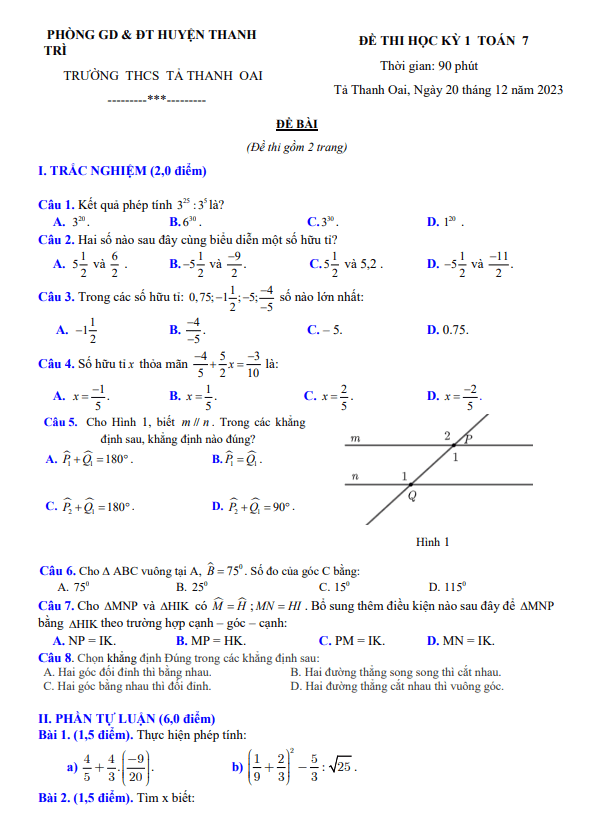 Đề học kì 1 (HK1) lớp 7 môn Toán năm 2023 2024 trường THCS Tả Thanh Oai Hà Nội 1 de hoc ki 1 hk1 lop 7 mon toan nam 2023 2024 truong thcs ta thanh oai ha noi d