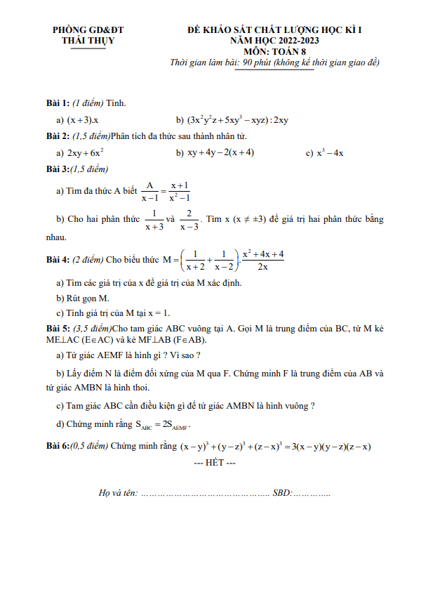 Đề học kì 1 (HK1) lớp 8 môn Toán năm 2022 2023 phòng GD ĐT Thái Thụy Thái Bình 1 de hoc ki 1 hk1 lop 8 mon toan nam 2022 2023 phong gd dt thai thuy thai binh d