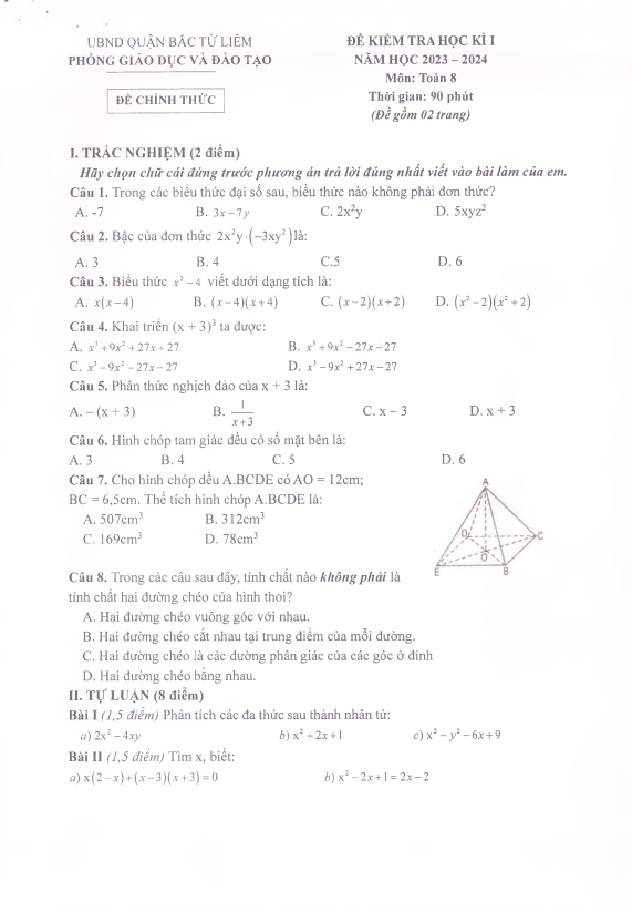 Đề học kì 1 (HK1) lớp 8 môn Toán năm 2023 2024 phòng GD ĐT Bắc Từ Liêm Hà Nội 6 de hoc ki 1 hk1 lop 8 mon toan nam 2023 2024 phong gd dt bac tu liem ha noi d
