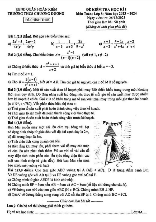 de hoc ki 1 hk1 lop 8 mon toan nam 2023 2024 truong thcs chuong duong ha noi d
