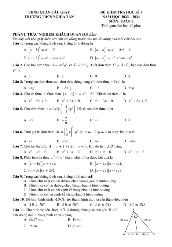 de hoc ki 1 hk1 lop 8 mon toan nam 2023 2024 truong thcs nghia tan ha noi d