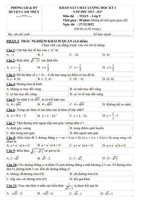 de hoc ki 1 hk1 lop 9 mon toan nam 2022 2023 phong gd dt cam thuy thanh hoa d