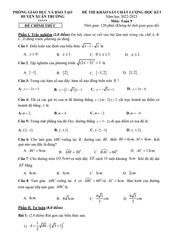 de hoc ki 1 hk1 lop 9 mon toan nam 2022 2023 phong gd dt xuan truong nam dinh d