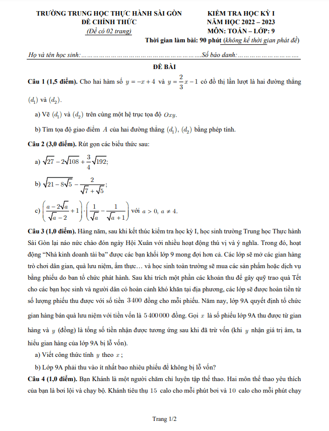 Đề học kì 1 (HK1) lớp 9 môn Toán năm 2022 2023 trường Thực hành Sài Gòn TP HCM 3 de hoc ki 1 hk1 lop 9 mon toan nam 2022 2023 truong thuc hanh sai gon tp hcm d