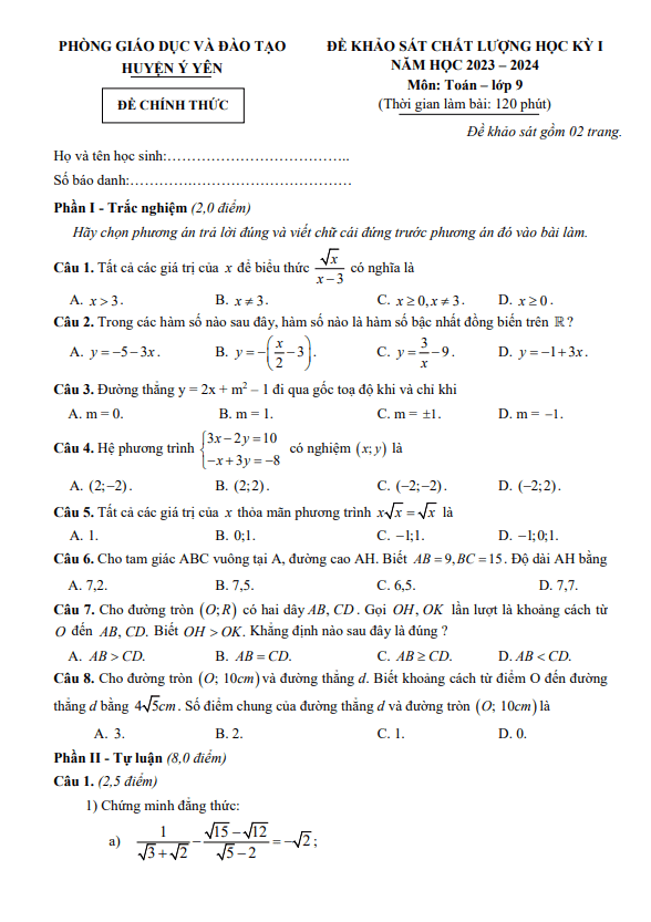 de hoc ki 1 hk1 lop 9 mon toan nam 2023 2024 phong gd dt y yen nam dinh d