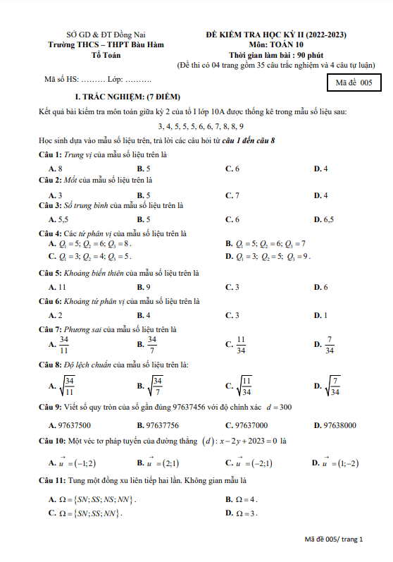 de hoc ki 2 hk2 lop 10 mon toan nam 2022 2023 truong thcs thpt bau ham dong nai d