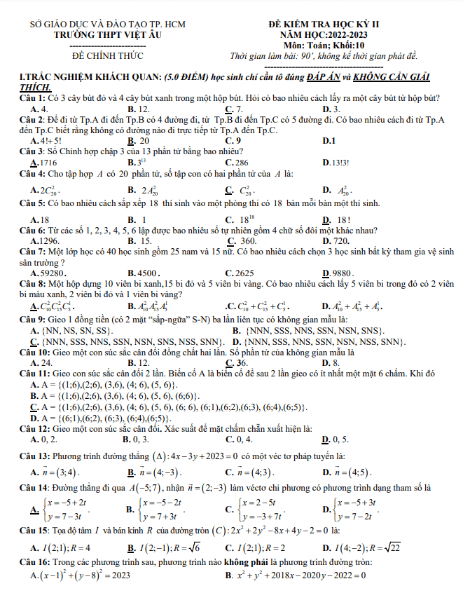 de hoc ki 2 hk2 lop 10 mon toan nam 2022 2023 truong thpt viet au tp hcm d