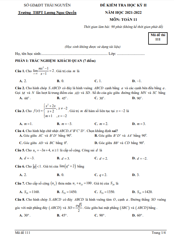 de hoc ki 2 hk2 lop 11 mon toan nam 2021 2022 truong luong ngoc quyen thai nguyen d