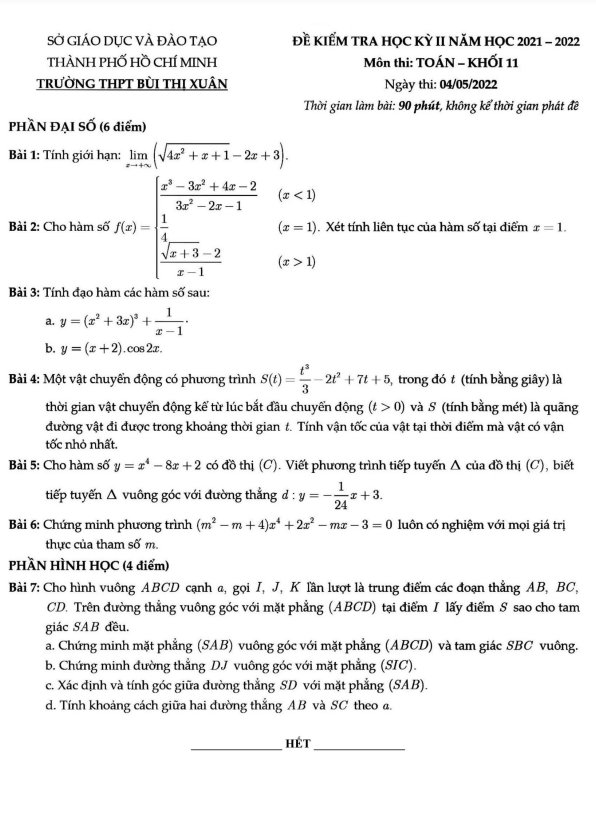de hoc ki 2 hk2 lop 11 mon toan nam 2021 2022 truong thpt bui thi xuan tp hcm d