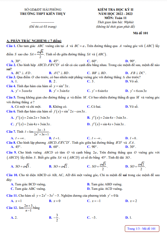 de hoc ki 2 hk2 lop 11 mon toan nam 2022 2023 truong thpt kien thuy hai phong d