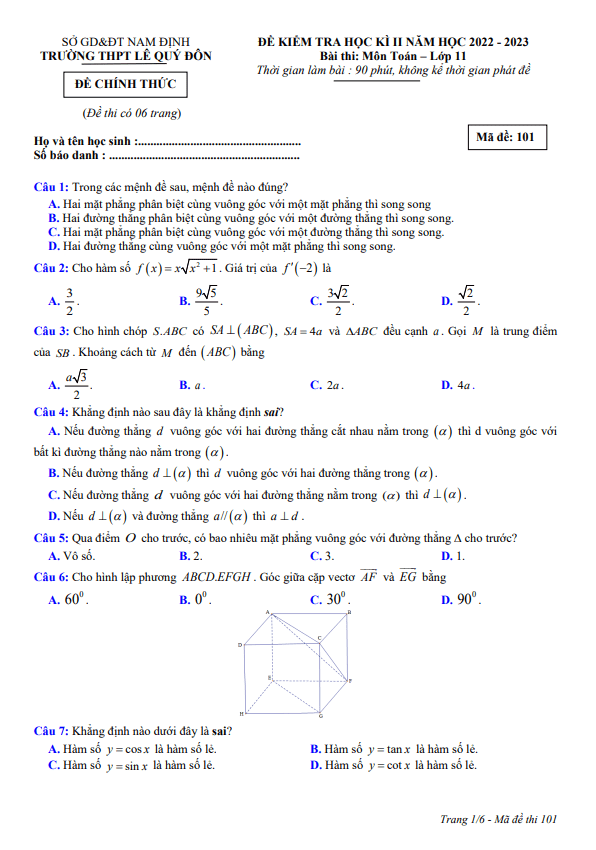 Đề học kì 2 (HK2) lớp 11 môn Toán năm 2022 2023 trường THPT Lê Quý Đôn Nam Định 3 de hoc ki 2 hk2 lop 11 mon toan nam 2022 2023 truong thpt le quy don nam dinh d