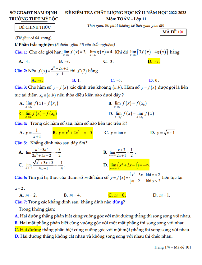 Đề học kì 2 (HK2) lớp 11 môn Toán năm 2022 2023 trường THPT Mỹ Lộc Nam Định 4 de hoc ki 2 hk2 lop 11 mon toan nam 2022 2023 truong thpt my loc nam dinh d