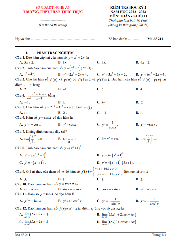 de hoc ki 2 hk2 lop 11 mon toan nam 2022 2023 truong thpt phan thuc truc nghe an d