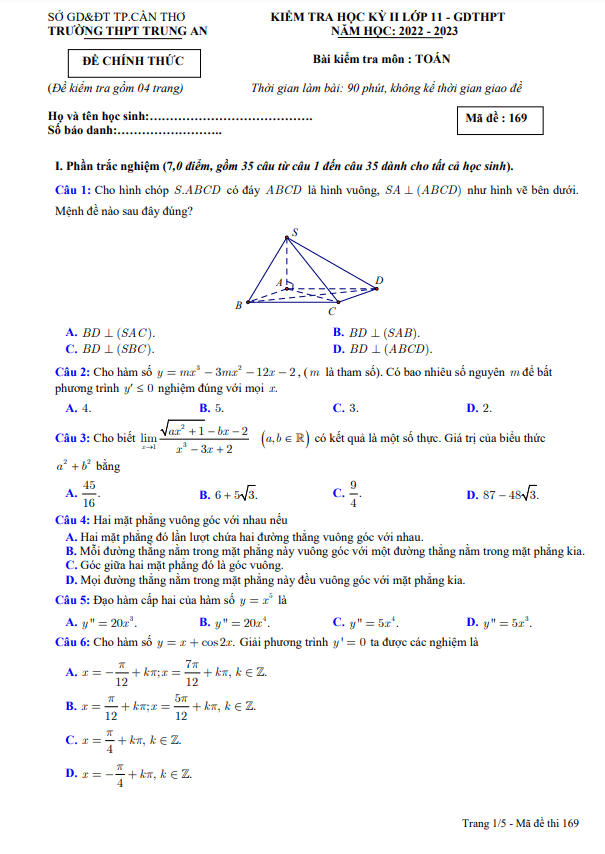 de hoc ki 2 hk2 lop 11 mon toan nam 2022 2023 truong thpt trung an can tho d