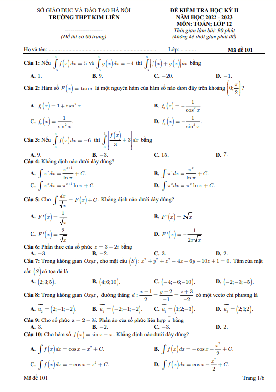 de hoc ki 2 hk2 lop 12 mon toan nam 2022 2023 truong thpt kim lien ha noi d