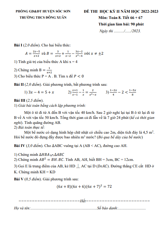 de hoc ki 2 hk2 lop 8 mon toan nam 2022 2023 truong thcs dong xuan ha noi d