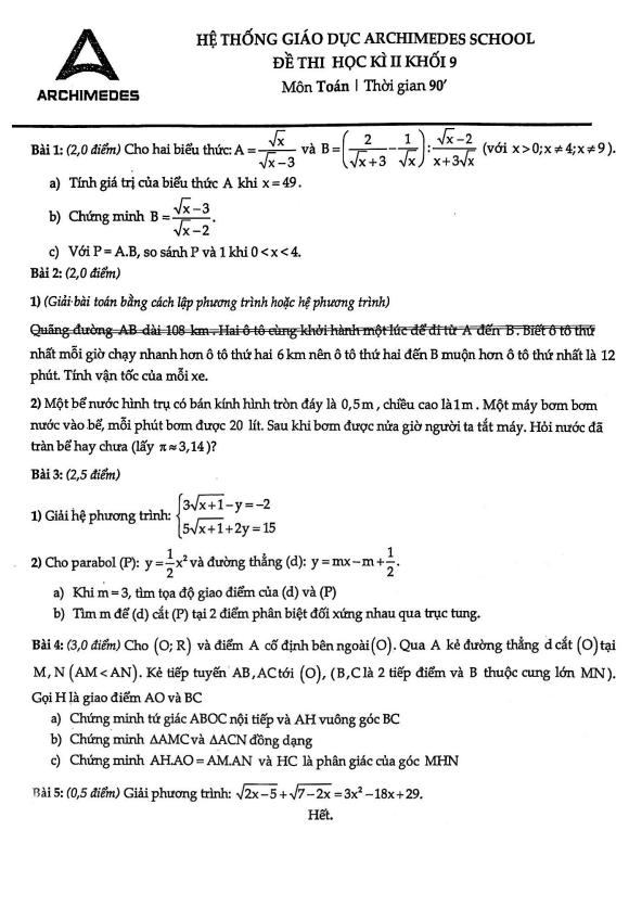 de hoc ki 2 hk2 lop 9 mon toan nam 2021 2022 he thong giao duc archimedes school ha noi d