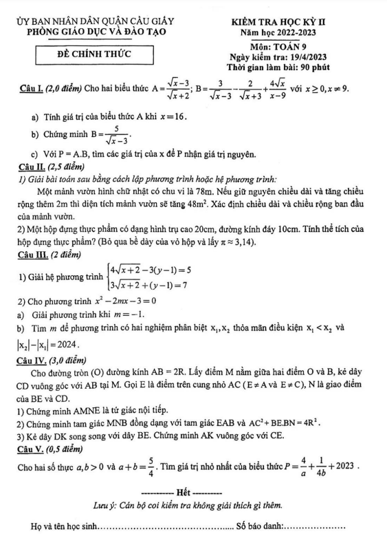 de hoc ki 2 hk2 lop 9 mon toan nam 2022 2023 phong gd dt cau giay ha noi d