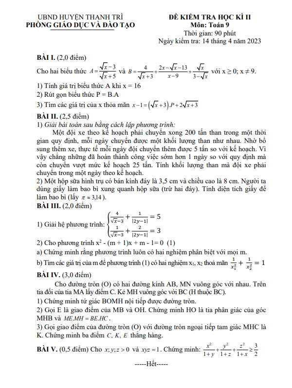 de hoc ki 2 hk2 lop 9 mon toan nam 2022 2023 phong gd dt thanh tri ha noi d