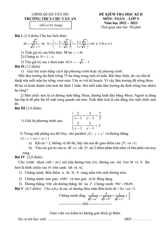 de hoc ki 2 hk2 lop 9 mon toan nam 2022 2023 truong thcs chu van an ha noi d