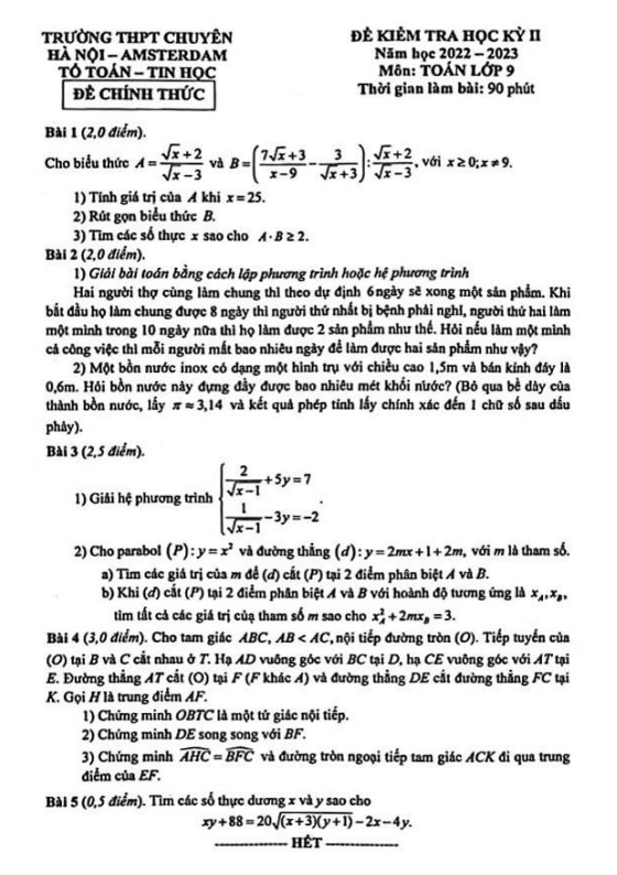 de hoc ki 2 hk2 lop 9 mon toan nam 2022 2023 truong thpt chuyen ha noi amsterdam d