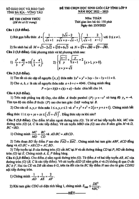 de hoc sinh gioi cap tinh lop 9 mon toan nam 2022 2023 so gd dt ba ria vung tau d