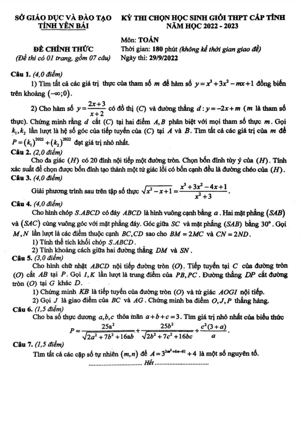 de hoc sinh gioi cap tinh toan thpt nam 2022 2023 so gd dt yen bai d