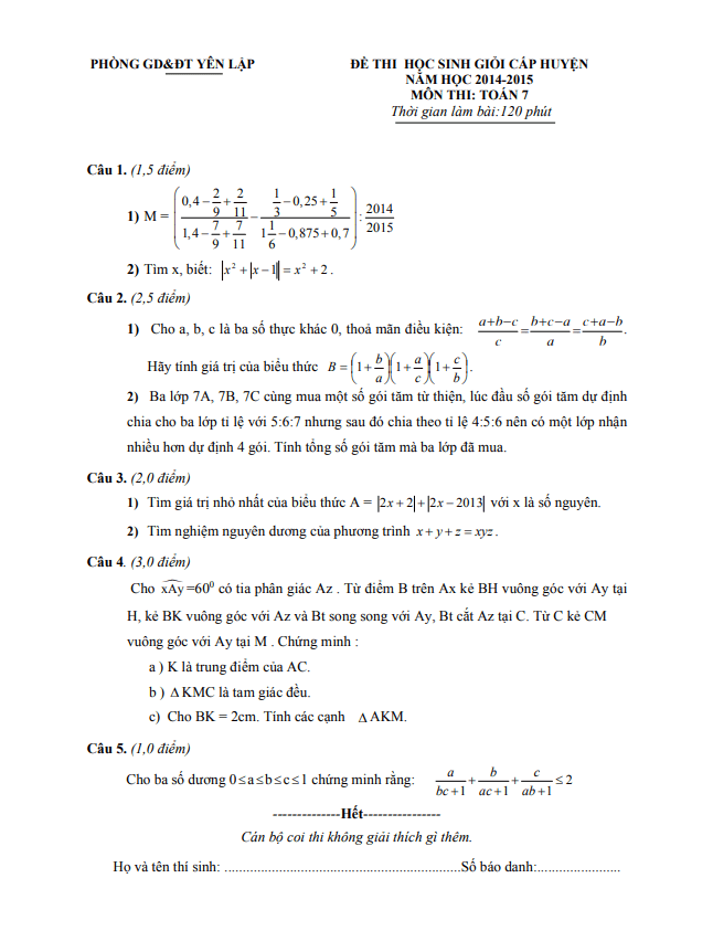 de hoc sinh gioi huyen lop 7 mon toan nam 2014 2015 phong gd dt yen lap phu tho d