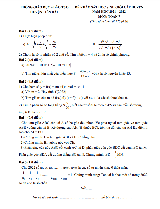 de hoc sinh gioi huyen lop 7 mon toan nam 2021 2022 phong gd dt tien hai thai binh d