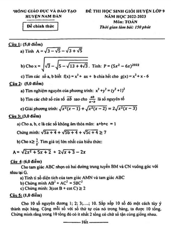 de hoc sinh gioi huyen lop 9 mon toan nam 2022 2023 phong gd dt nam dan nghe an d