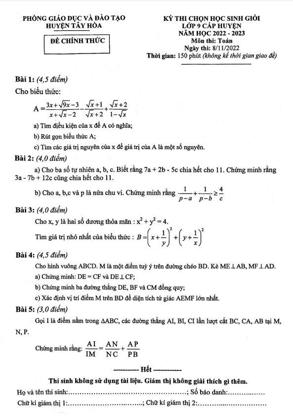 Đề học sinh giỏi huyện lớp 9 môn Toán năm 2022 2023 phòng GD ĐT Tây Hòa Phú Yên 1 de hoc sinh gioi huyen lop 9 mon toan nam 2022 2023 phong gd dt tay hoa phu yen d