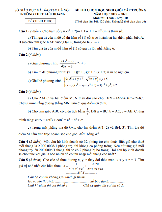 de hoc sinh gioi lop 10 mon toan cap truong nam 2019 2020 truong luu hoang ha noi d