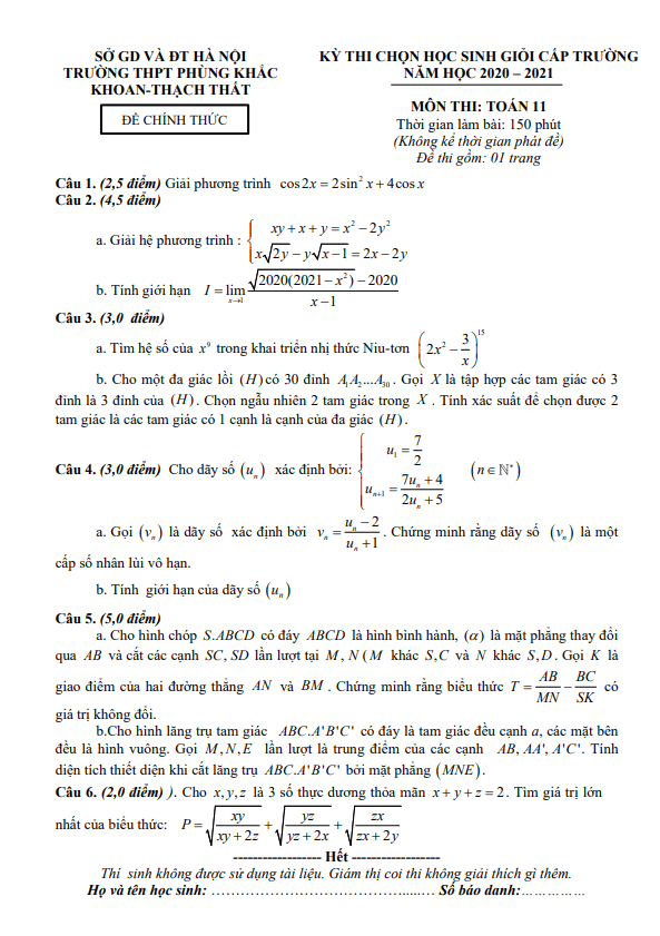 de hoc sinh gioi lop 11 mon toan nam 2020 2021 truong phung khac khoan ha noi d