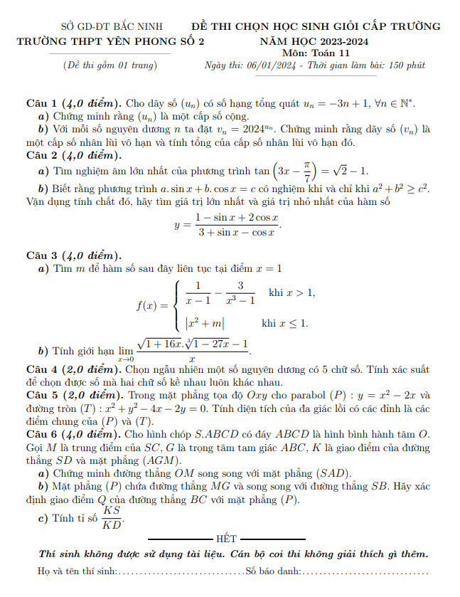 de hoc sinh gioi lop 11 mon toan nam 2023 2024 truong thpt yen phong 2 bac ninh d