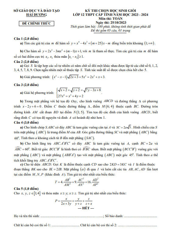 de hoc sinh gioi lop 12 mon toan thpt cap tinh nam 2023 2024 so gd dt hai duong d