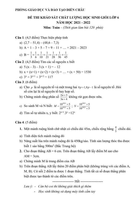 Đề học sinh giỏi lớp 6 môn Toán năm 2021 2022 phòng GD ĐT Diễn Châu Nghệ An 1 de hoc sinh gioi lop 6 mon toan nam 2021 2022 phong gd dt dien chau nghe an d