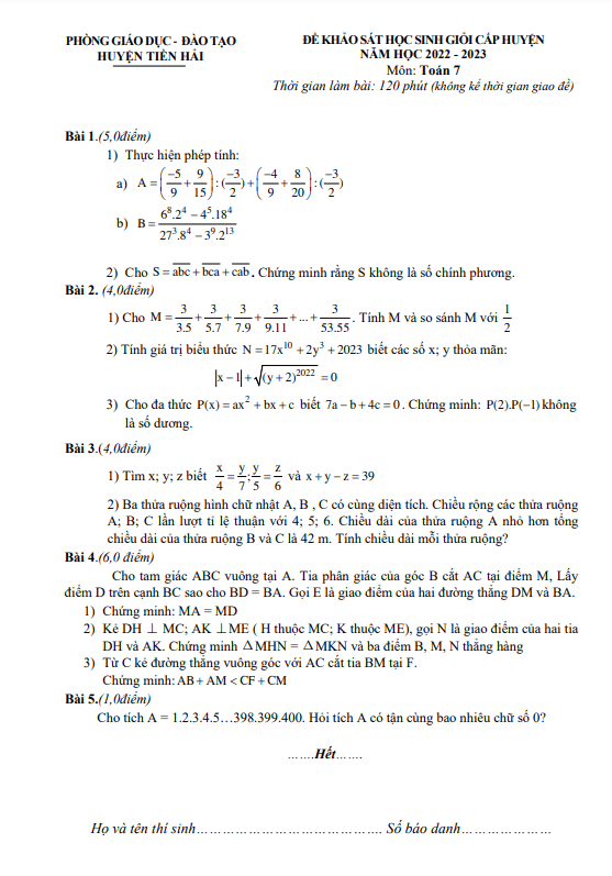 Đề học sinh giỏi lớp 7 môn Toán năm 2022 2023 phòng GD ĐT Tiền Hải Thái Bình 3 de hoc sinh gioi lop 7 mon toan nam 2022 2023 phong gd dt tien hai thai binh d