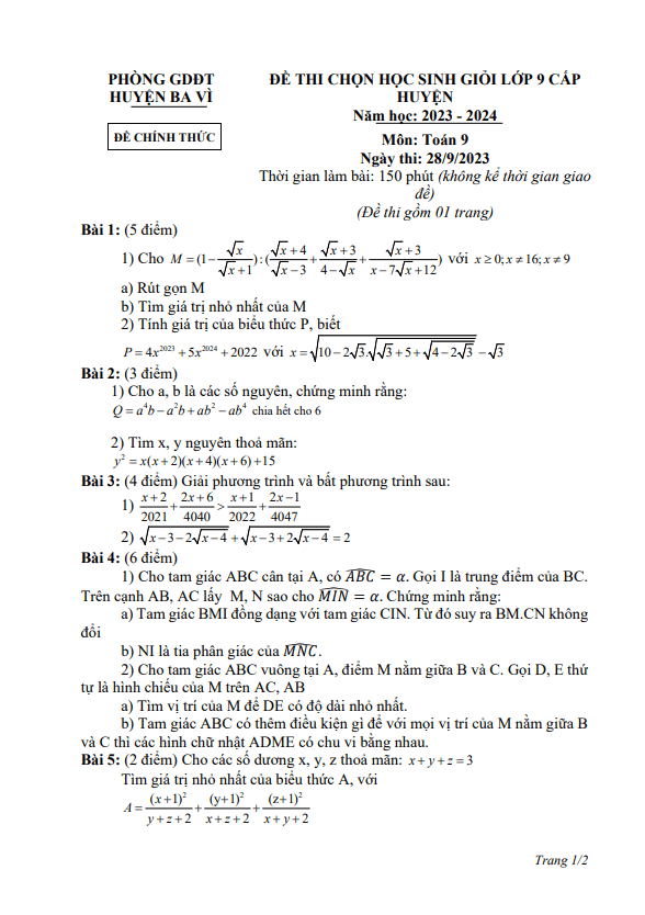 de hoc sinh gioi lop 9 mon toan cap huyen nam 2023 2024 phong gd dt ba vi ha noi d