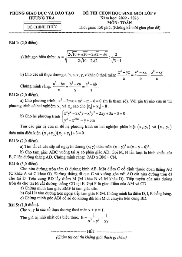 de hoc sinh gioi lop 9 mon toan nam 2022 2023 phong gd dt huong tra tt hue d