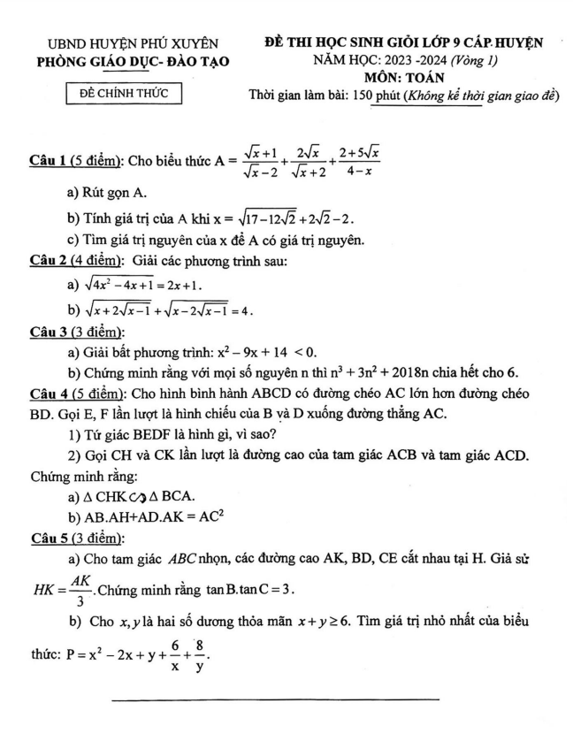 de hoc sinh gioi lop 9 mon toan nam 2023 2024 phong gd dt phu xuyen ha noi vong 1 d