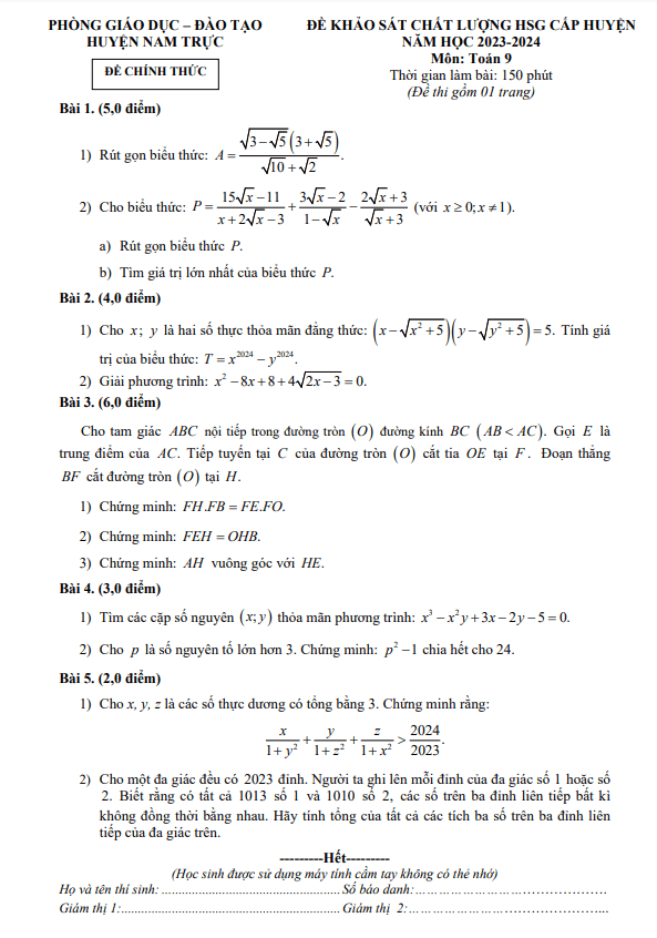 Đề HSG cấp huyện lớp 9 môn Toán năm 2023 2024 phòng GD ĐT Nam Trực Nam Định 4 de hsg cap huyen lop 9 mon toan nam 2023 2024 phong gd dt nam truc nam dinh d